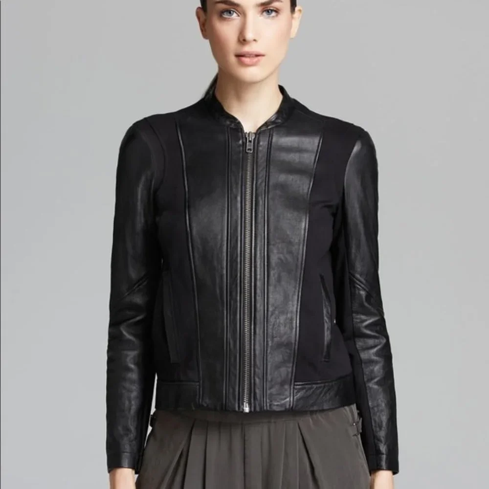 Helmut Lang Lamb Leather Jacket Sweatshirt Combo Coat Mix Media Black Size Small